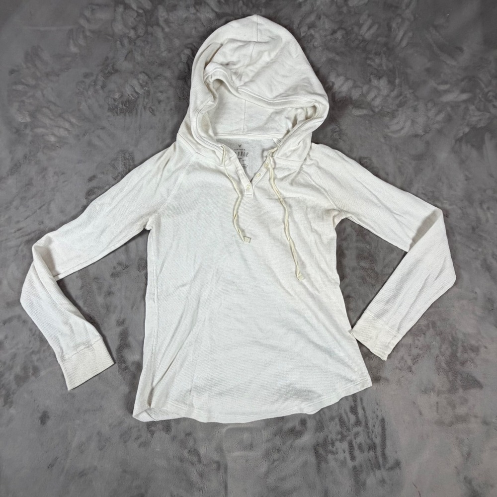 American Eagle Vintage Waffle Knit Henley Hoodie Cream White Small
